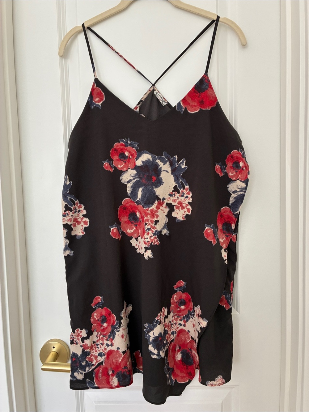 Free People Black Floral Slip Dress with Red & Cream Blooms